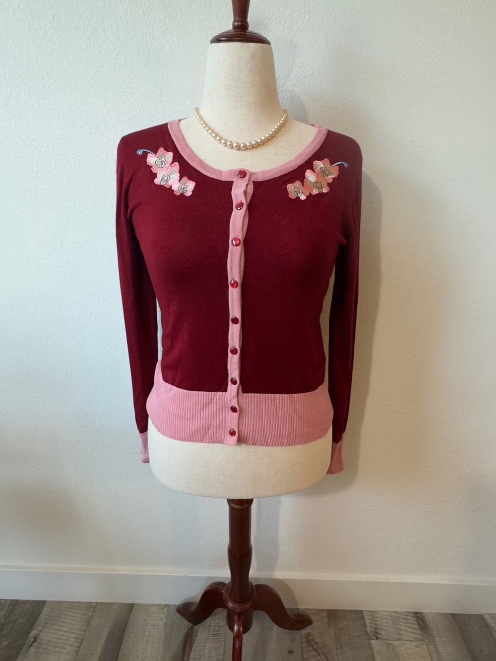Voodoo Vixen Burgundy Cardigan with Pink Trim & Floral Embroidery